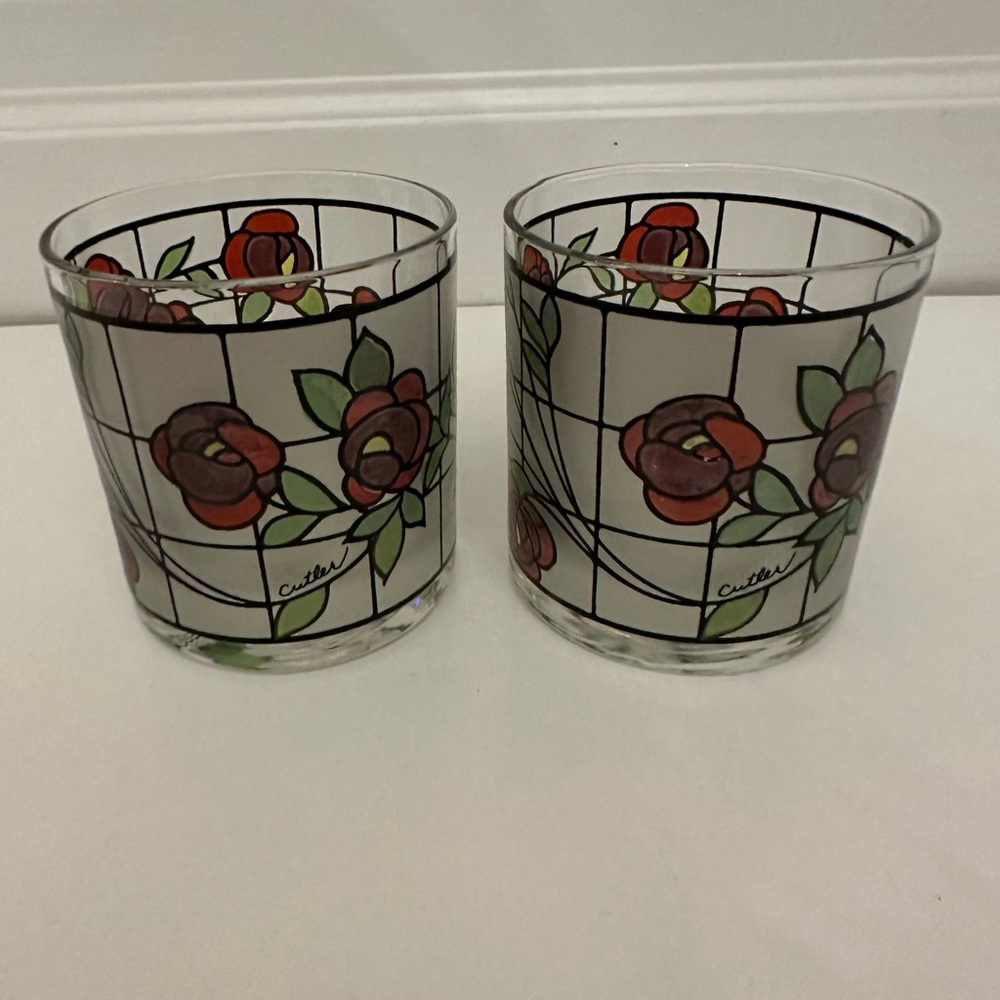 Cutler Glassware Vintage Rose Roses Floral Design Whiskey Tumbler Glass Glasses